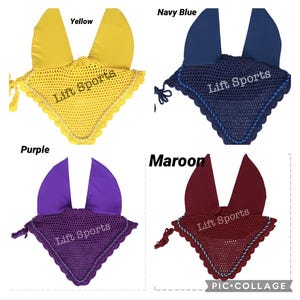 May include: Four horse fly bonnets in different colors: yellow, navy blue, purple, and maroon. Each bonnet has a white embroidered logo that says "Lift Sports".