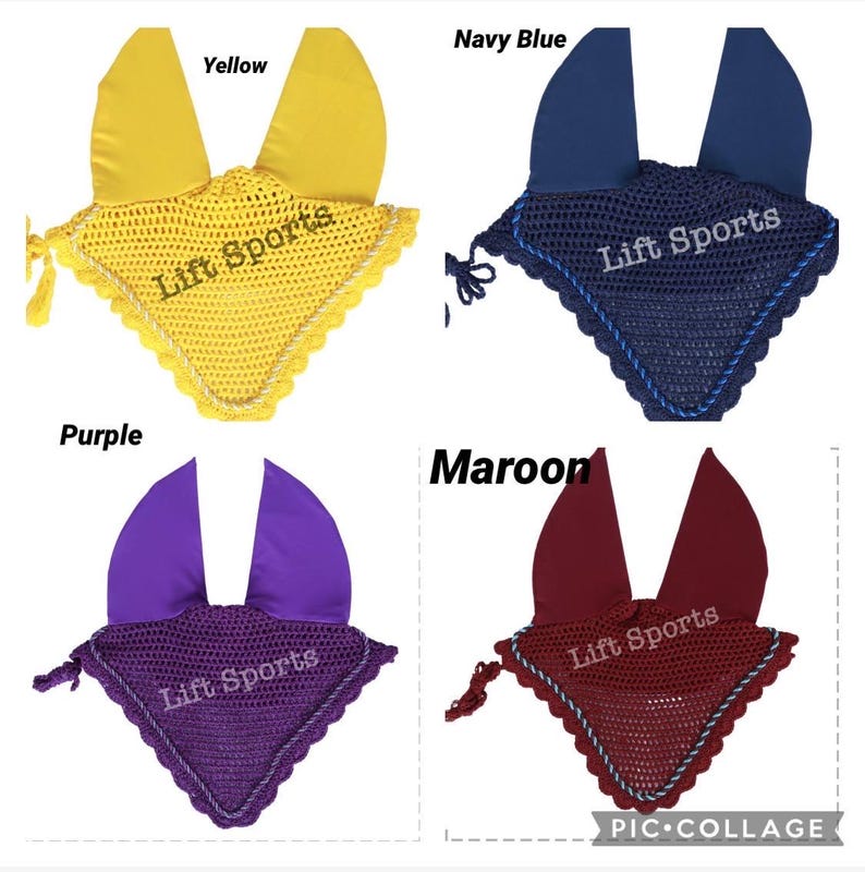 May include: Four horse fly bonnets in different colors: yellow, navy blue, purple, and maroon. Each bonnet has a white embroidered logo that says "Lift Sports".