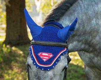 Hand Made Halloween Super Man Horse Ear Bonnet Fly Veil Cotton Crochet Full/Cob/Pony