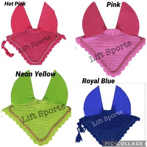May include: Four crocheted horse fly hoods in different colors: hot pink, pink, neon yellow, and royal blue. Each hood has a crocheted border and ear covers.