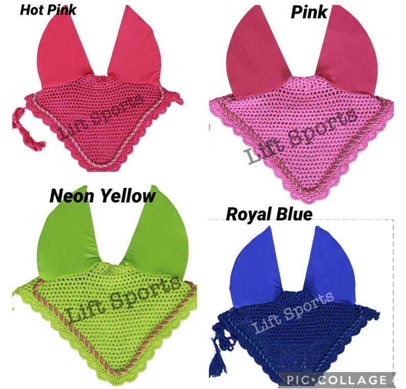 May include: Four crocheted horse fly hoods in different colors: hot pink, pink, neon yellow, and royal blue. Each hood has a crocheted border and ear covers.