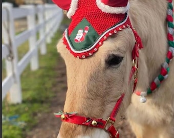 Hand Made Christmas Santa Claus Horse Ear Bonnet Fly Veil Cotton Crochet Full/Cob/Pony