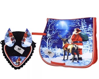 Hand Made Christmas Santa Claus Horse English All purpose Saddle Pad with Matching Crochet Ear Bonnet Net Mask New