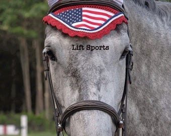 Hand Made USA Anerican Flag Horse Ear Bonnet Fly Veil Cotton Crochet Full/Cob/Pony