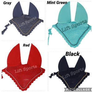 May include: Four horse fly hoods in different colors: gray, mint green, red, and black. Each hood has a crocheted trim and a mesh design. The text "Lift Sports" is printed on each hood.