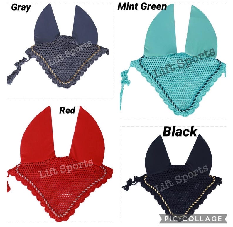 May include: Four horse fly hoods in different colors: gray, mint green, red, and black. Each hood has a crocheted trim and a mesh design. The text "Lift Sports" is printed on each hood.
