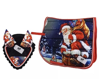 Hand Made Christmas Santa Claus Horse English Saddle Pad with Matching Crochet Ear Bonnet Net Mask New