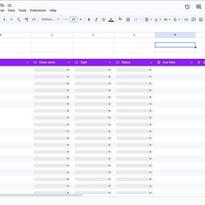 K&ouml;nnte beinhalten: Eine digitale Tabellenkalkulation mit dem Titel Assignment Tracker und einer violetten Kopfzeile mit Spalten f&uuml;r Assignment, Class name, Type, Status, Due Date, # Days Left und Priority Level, die mehrere Zeilen mit Kontrollk&auml;stchen enth&auml;lt.
