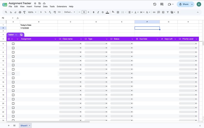 K&ouml;nnte beinhalten: Eine digitale Tabellenkalkulation mit dem Titel Assignment Tracker und einer violetten Kopfzeile mit Spalten f&uuml;r Assignment, Class name, Type, Status, Due Date, # Days Left und Priority Level, die mehrere Zeilen mit Kontrollk&auml;stchen enth&auml;lt.