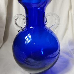 Jarrón azul Blenko, soplado a mano, vintage, firmado.