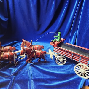 Vintage Cast Iron Horses, Driver, and Wagon