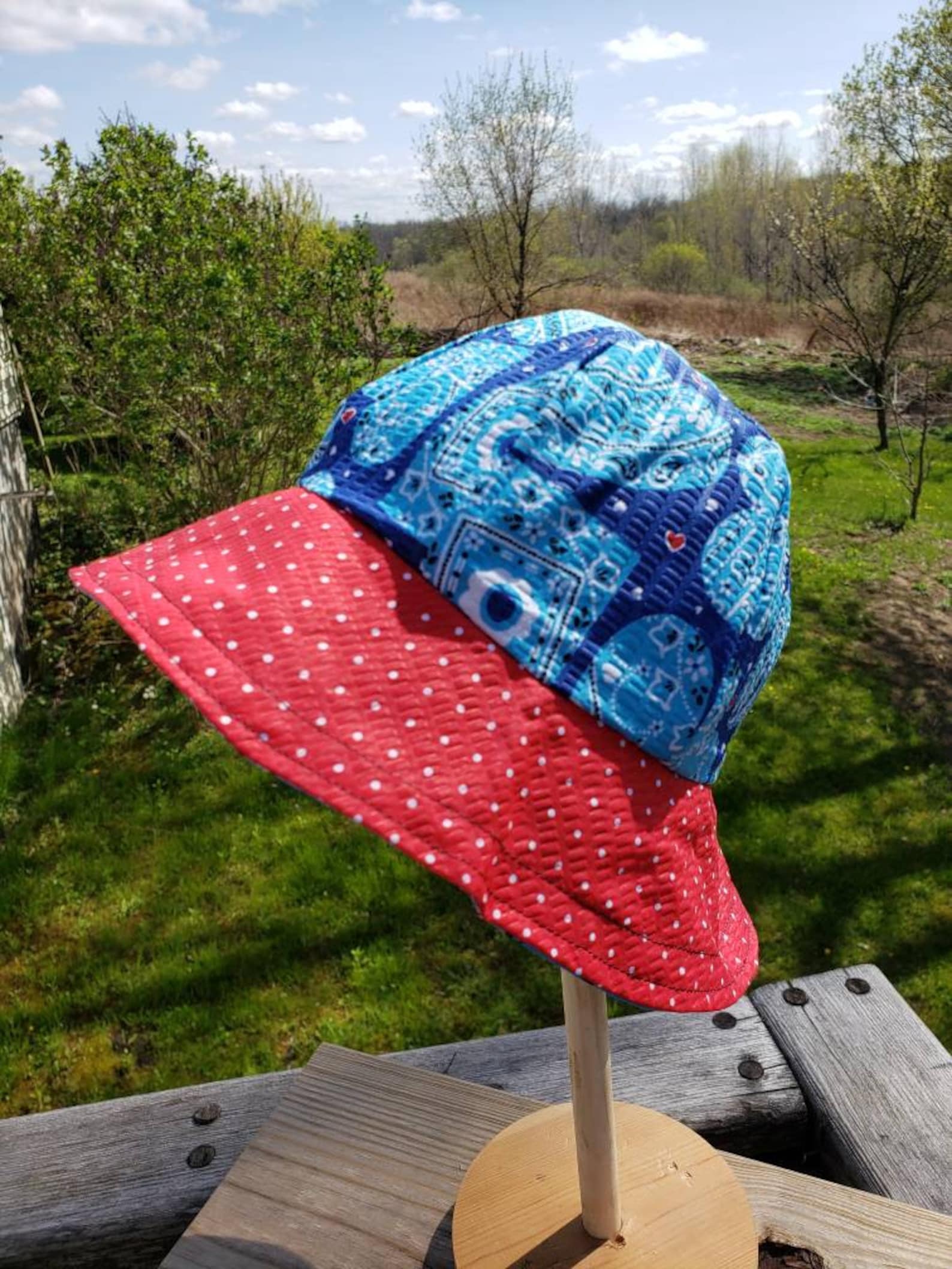 Reversible Cotton Bucket Hat Red White and Blue Tutti Frutti Etsy