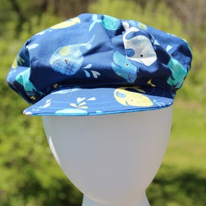 Reversible cotton newsboy hat with sharks and whales