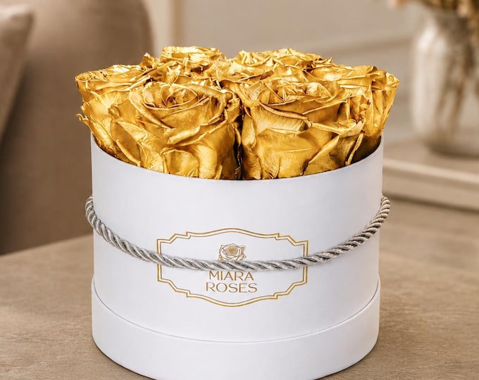 Preserved Gold Roses in Round Hat Flower Box, Roses Remain Fresh for Years, Luxury Gift or Decor, Personalized Custom Text Label