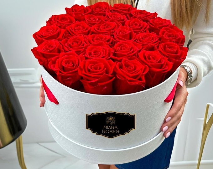 Large Box of Real Preserved Red Roses with 25 Blooms Will Last for Years, Wedding, Anniversary Gift, Personalized Logo
