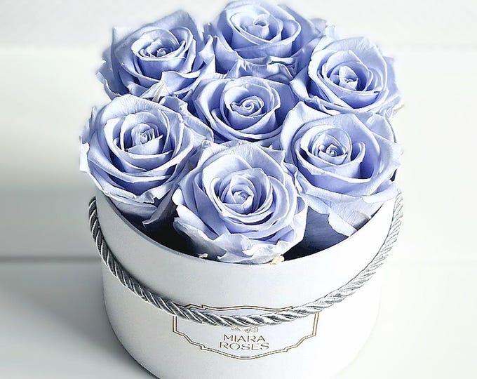 Preserved Lavender Color Real Roses in White Box with 7 Beautiful Blooms, Elegant Gift & Floral Home Accent