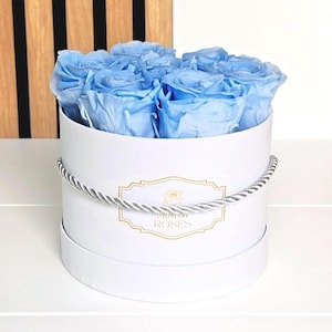 7 Premium-Rosen in ewigem Himmelblau in weißer Box, florale Raumdekoration, langlebiges Geschenk, Geschenk zur Babyparty für Jungen, personalisierbarer Etikettentext