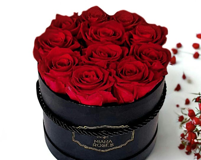 Ideal Keepsake Gift, 11 Preserved Real Red Roses (Stay Fresh 2+ Years) in Personalized Label Round Box, Anniversary Gift, Gifts for Mom