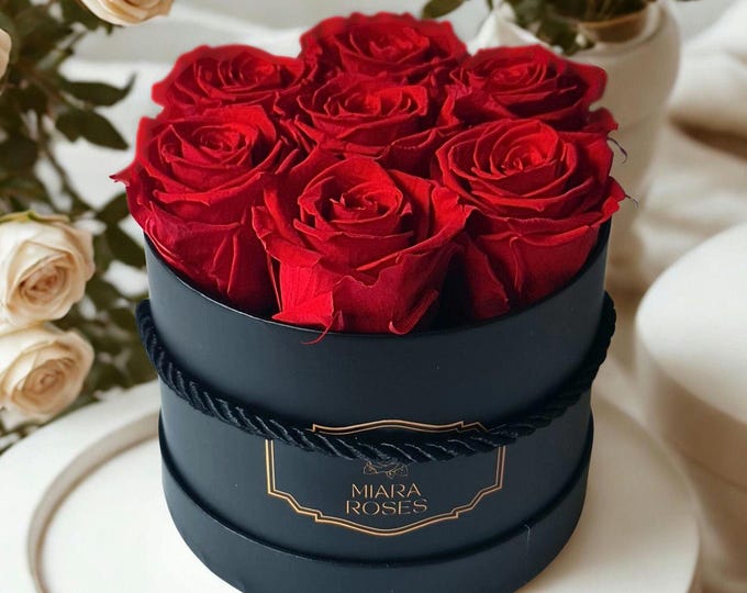 Elegant Home Decor, Fresh for 2+ Years - 7 Preserved Roses in Round Box, Luxury Centerpiece, Floral Display, Coffee Table Decor, Shelf Decor