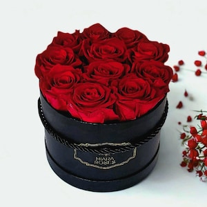 Ideal Keepsake Gift, 11 Premium Preserved Real Red Roses That Last For Years In Round Box, Birthday Gift, Personalized Label, Gift for Her