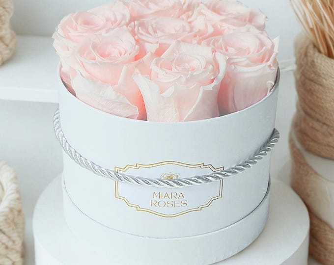 Stabilized to Prevent Wilting, Longevity 2+ Years - 7 Pink Blush Roses in Round Box, Flower Display, Table Centerpiece, Birthday Flowers