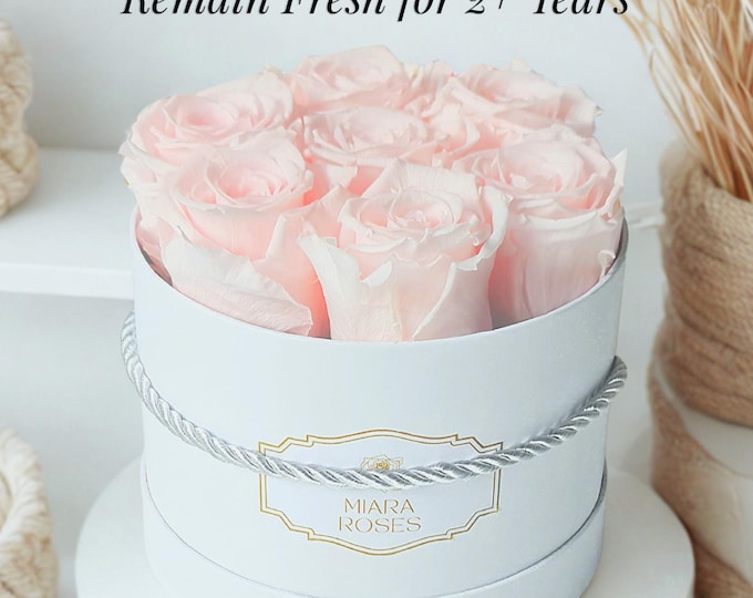 Real Roses, but Don't Wilt! Perfect Table Centerpiece, Gift - 7 Stabilized Pink Blush Roses in Round Box, Table Decor, Flower Arrangement