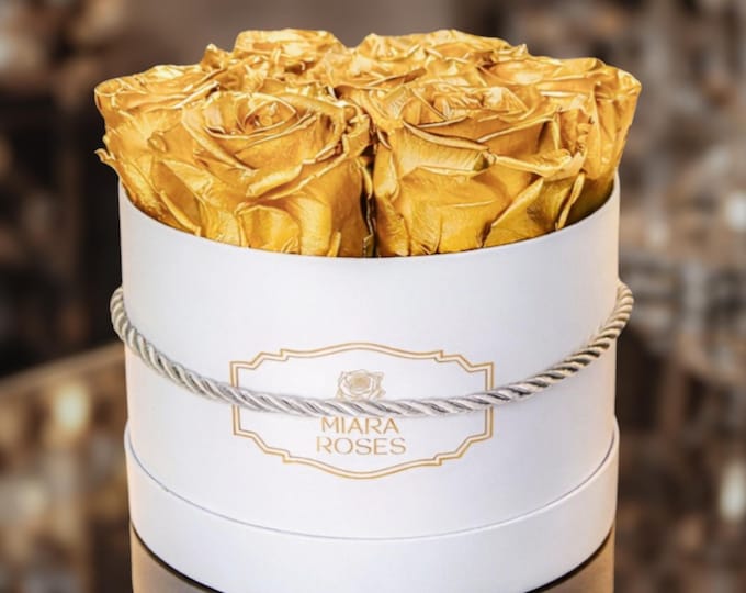 7 Eternal Gold Roses, Most Luxury Preserved Blooms in Round Hat Flower Box, Remains Fresh for Years, Exclusive Gift or Decor, Custom Text