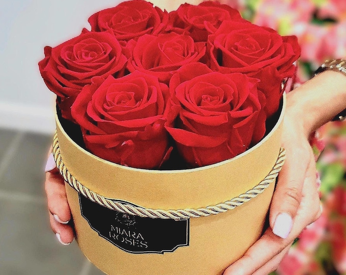 Elegant Red Rose Box – 7 Preserved Roses in Beige Hat Box, Real Flowers That Last for Years, Home Decor, Gift for Her