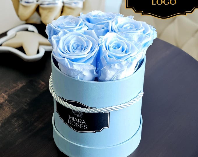 5 Preserved Real Light Blue Roses in Sky Blue Gift Box, Remain Fresh for Years, Personalized Baby Gift, Gender Reveal, Personalized Logo