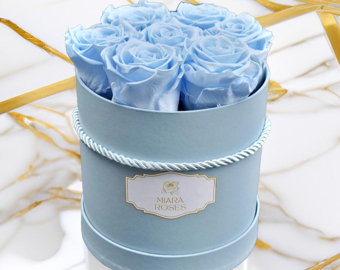 7 Preserved Real Roses in Light Blue Round Box - Perfect Baby Shower Gift, Birthday Gift, Personalized Baby Gift, Ships Worldwide