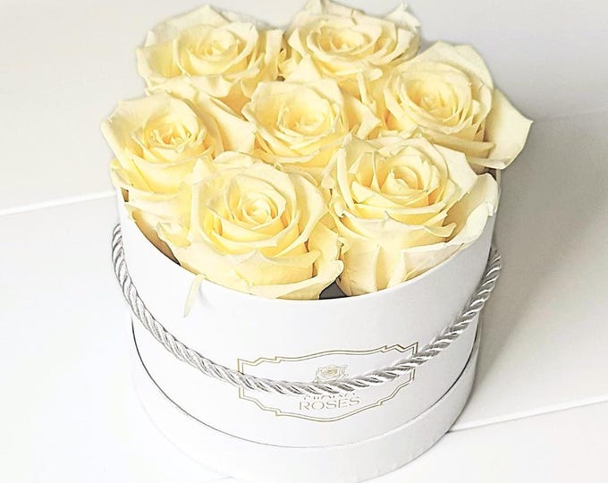 Preserved Real Roses in White Box – 7 Light Yellow Roses That Last for Years, Unique Gift, Luxury Floral Decor for Her