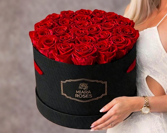 Impress Her with Eternal Rose Gift Box — Custom Label Text, 25 Preserved Red Roses That Will Bring Presence and Memories for Years