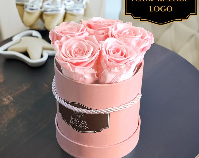 5 Pink Preserved Roses in Pink Gift Box, Remains Fresh for Years, Memorable Baby Shower Gift, Gender Reveal, Personalized Logo Text