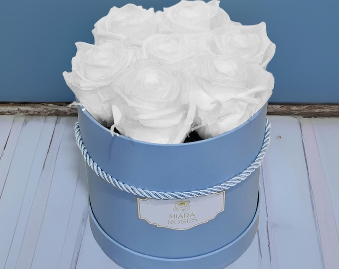 100% Natural - Fresh For Years, Light Blue Gift Box with 7 White Preserved Roses – Perfect for Baby Showers, Gender Reveals, Home Decor