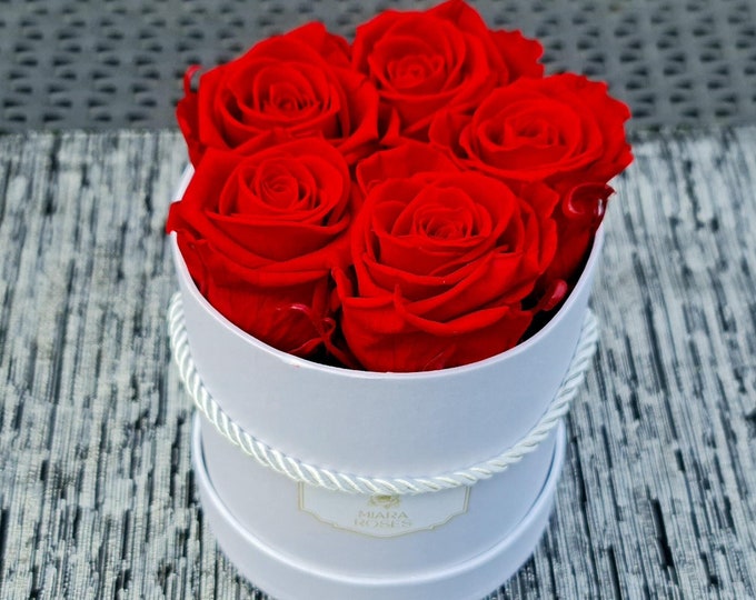 5 Long-Lasting Preserved Roses in Round Box, Personalize Logo, Eternal Roses, Unique Gift, Luxury Home Decor