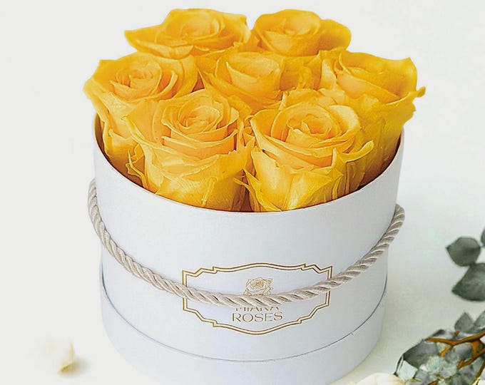 Real Everlasting Roses – 7 Yellow Stabilized Roses in White Box, Thoughtful Gift, Elegant Floral Decor, Birthday Flowers, Unique Home Decor