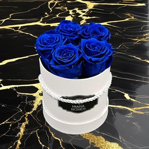 Real Roses Stabilized, Longevity: 2+ Years, 5 Dark Blue Preserved Roses in Round Box, Eternal Roses, Unique Gift, Home Decor