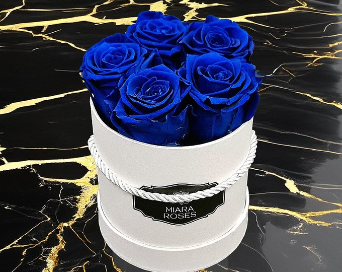 Real Roses, Remain Fresh for Years, Natural Formula - 5 Dark Blue Preserved Roses in Round Box, Eternal Roses, Unique Gift, Home Decor