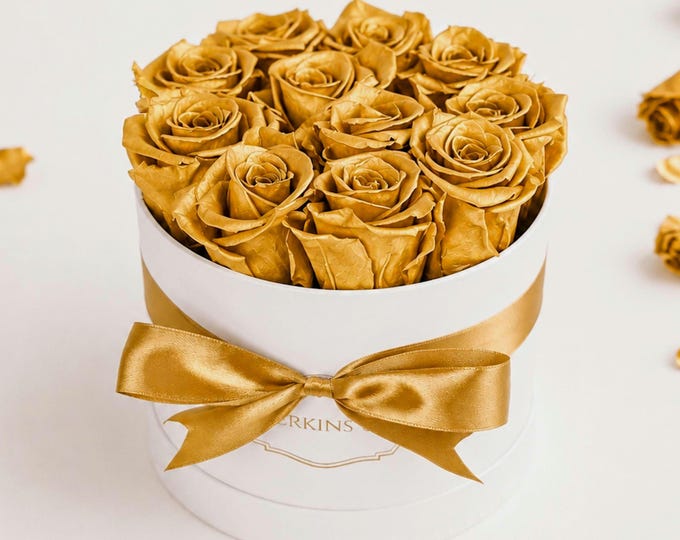 Gold Roses Stabilized To Remain Fresh For Years, Personalized Text Label Rose Box, Perfect Birthday Gift for Women, Unique Home Decor