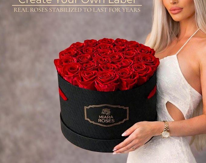 Real Roses Fresh for Years — Custom Text Label Flower Box with 25 Forever Red Roses, Anniversary Flowers, Romantic Rose Box, Handmade