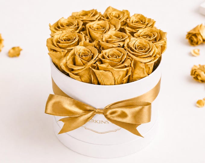 Gold Roses Stabilized To Remain Fresh For Years, Personalized Text Label Rose Box, Perfect Birthday Gift for Women, Unique Home Decor
