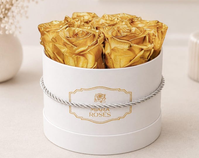 Real Roses Fresh For 2+ Years, Stabilized Luxurious Gold Roses, Personalized Flower Box Label, Luxury Birthday Gift or Home Decor Rose Box