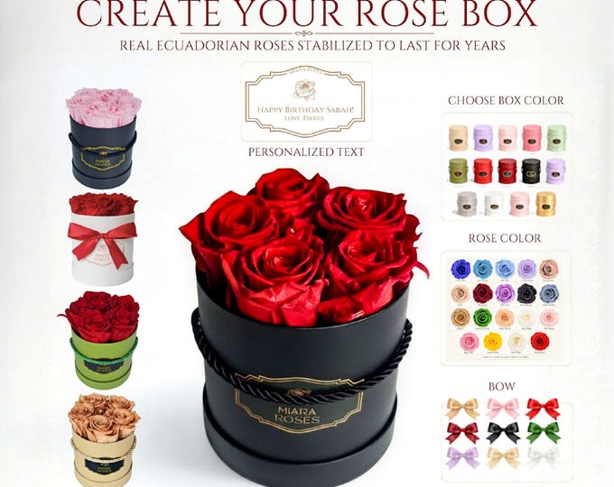 Best Custom Gift! - Timless Personalized Preserved Roses Gift Box, Custom Label Text, Colors - Meaningful Long-Lasting Present