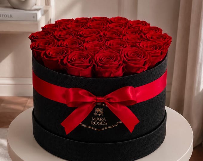 Commemorative Floral Vessel – Event Anchor Keepsake - 25 Preserved Rose Box - Personalised Text Label - Flower Gift Box for Women