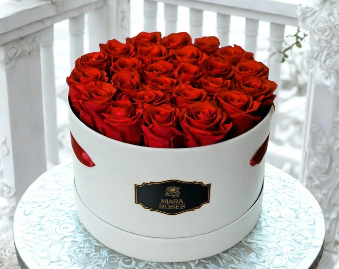 Loved by Women - 25 Preserved Roses in Large Box, Roses Remain Fresh For Years, Personalized Label, Birthday Gift, Gift for Her