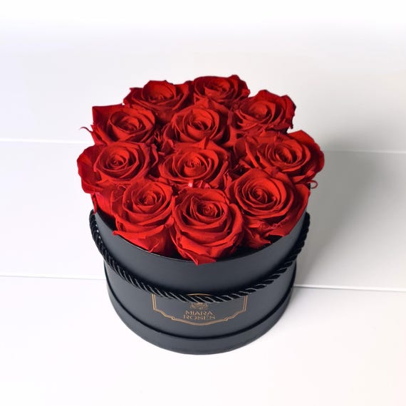 Unique Valentine's Day Gift For Her, 11 Preserved Real Red Roses (Stay Fresh 2+ Years) in Personalized Label White Box, Centerpiece