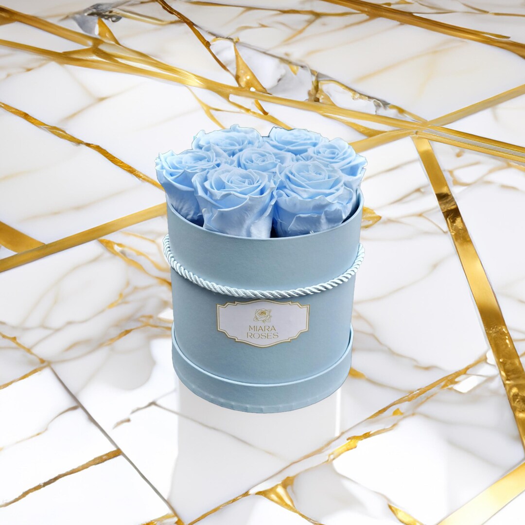 7 Preserved Real Roses in Light Blue Round Box - Perfect Baby Shower ...
