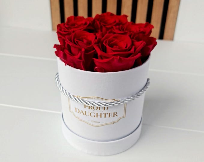 Real Roses That Keep Fresh Look for 2+ Years - 5 Stabilized Red Roses in White Box, Keepsake for Parents, Gift to Honor Mom and Dad Love