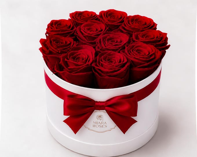 Personalized Rose Box — Timeless Gift or Home Decor, Always Present as Centerpiece  — 11 Preserved Roses in Flower Box, Bow, gifts-for-women