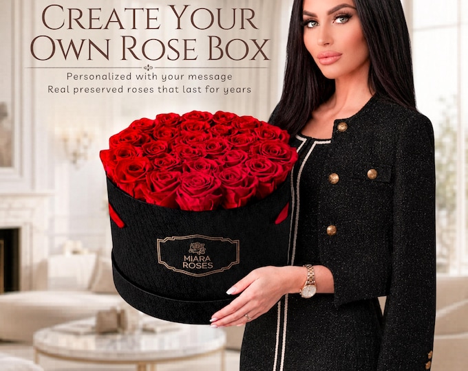 Preserved Red Roses in Flower Box, Long-Lasting Ecuadorian Roses, Custom Text Label Gift, Unique Personal Present That Stays for Years